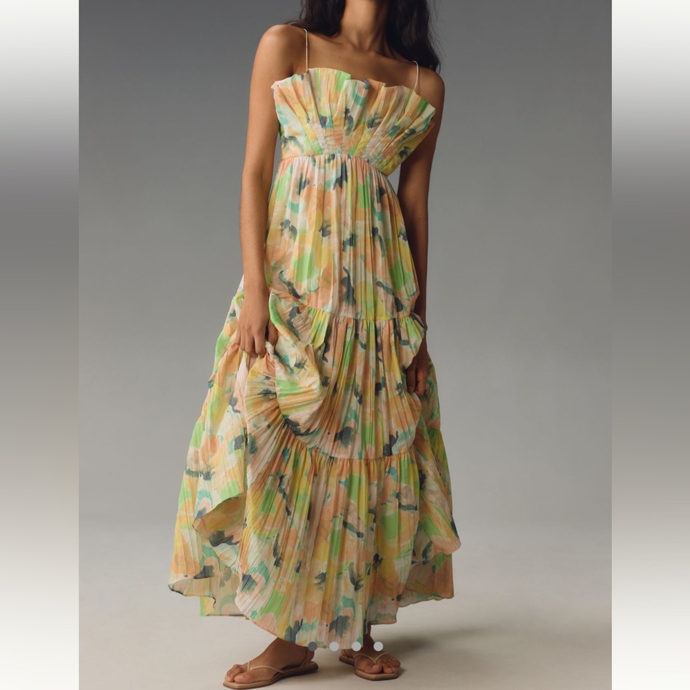 Acler Pastel Floral Pleated Maxi Dress in Yellow, Green & Peach